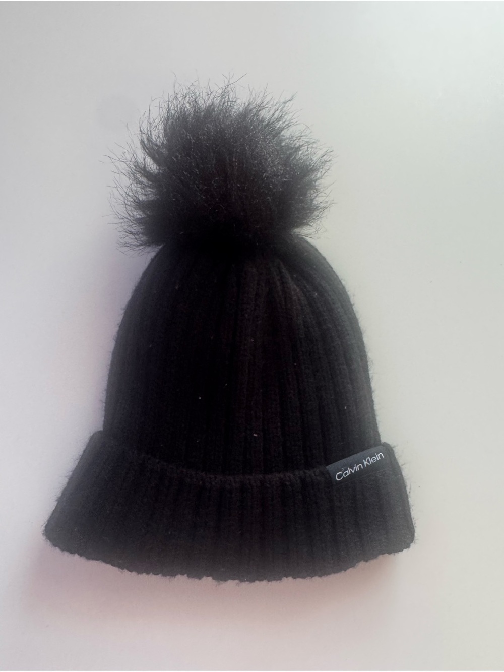 Calvin Klein Kids Black Ribbed Knit Beanie with Faux-Fur Pom